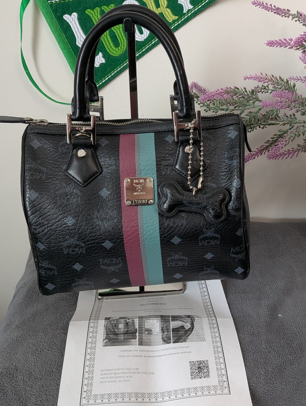 MCM Black Leather Boston Bag With Racing Stripe